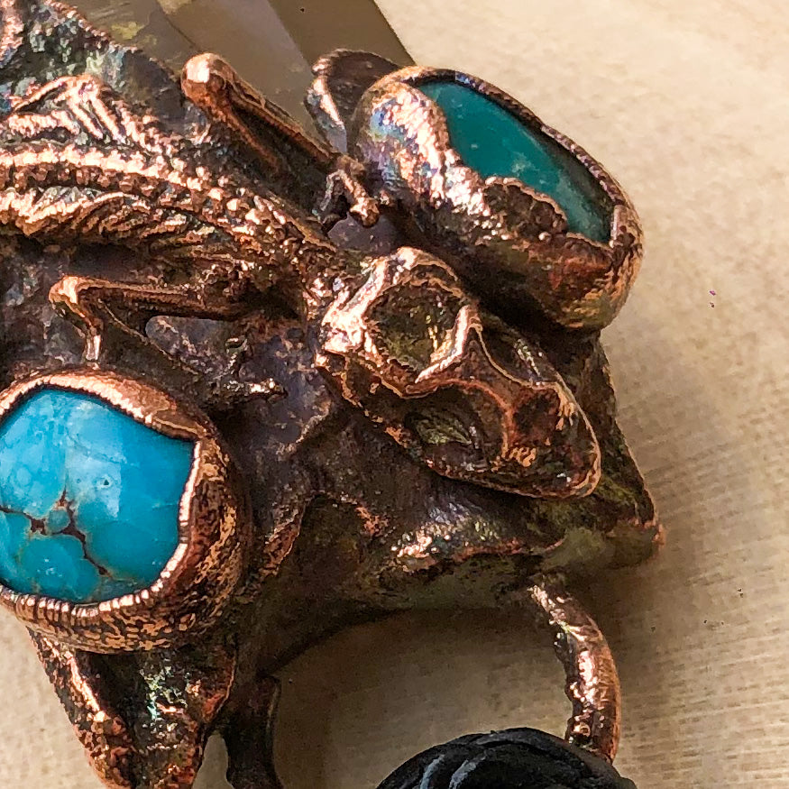 REAL GECKO, DOUBLE POINT ST. CATHERINE’S SMOKY QUARTZ & EGYPTIAN TURQUOISE