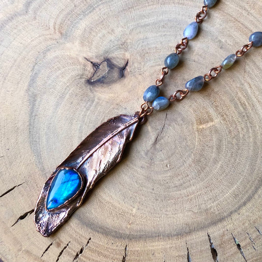 LABRADORITE ON PIGEON FEATHER