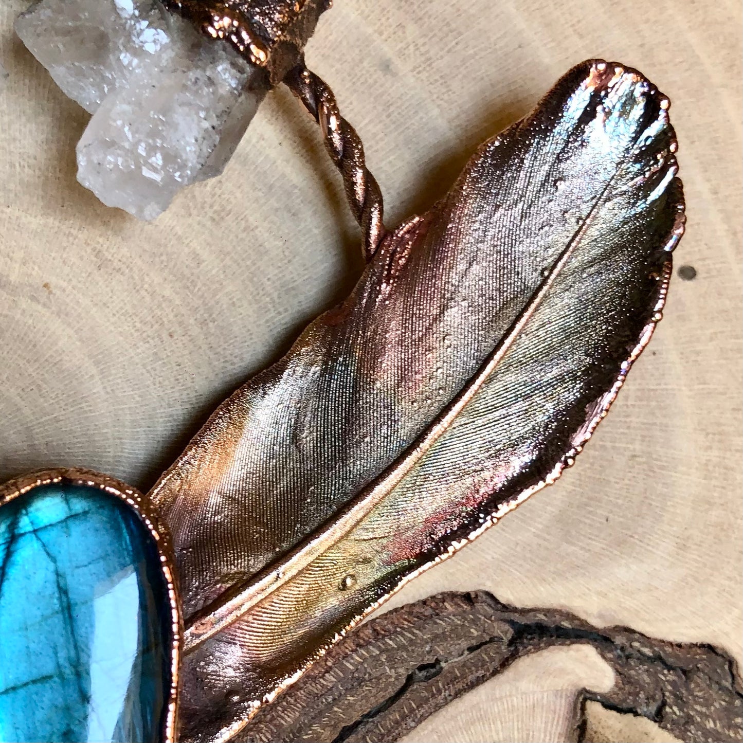 PIGEON FEATHERS, LABRADORITE & LEMURIAN QUARTZ