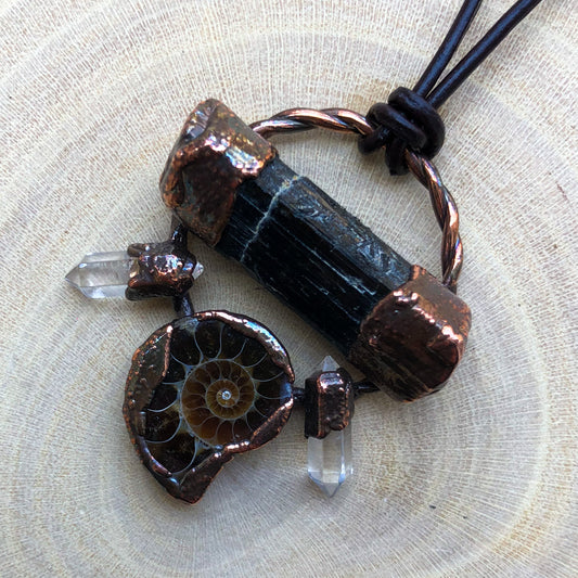 BLACK TOURMALINE, AMMONITE & CLEAR QUARTZ