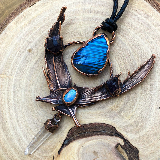 LABRADORITE, MOONSTONE, LEMURIAN QUARTZ & AMETHYST ON PIGEON FEATHERS