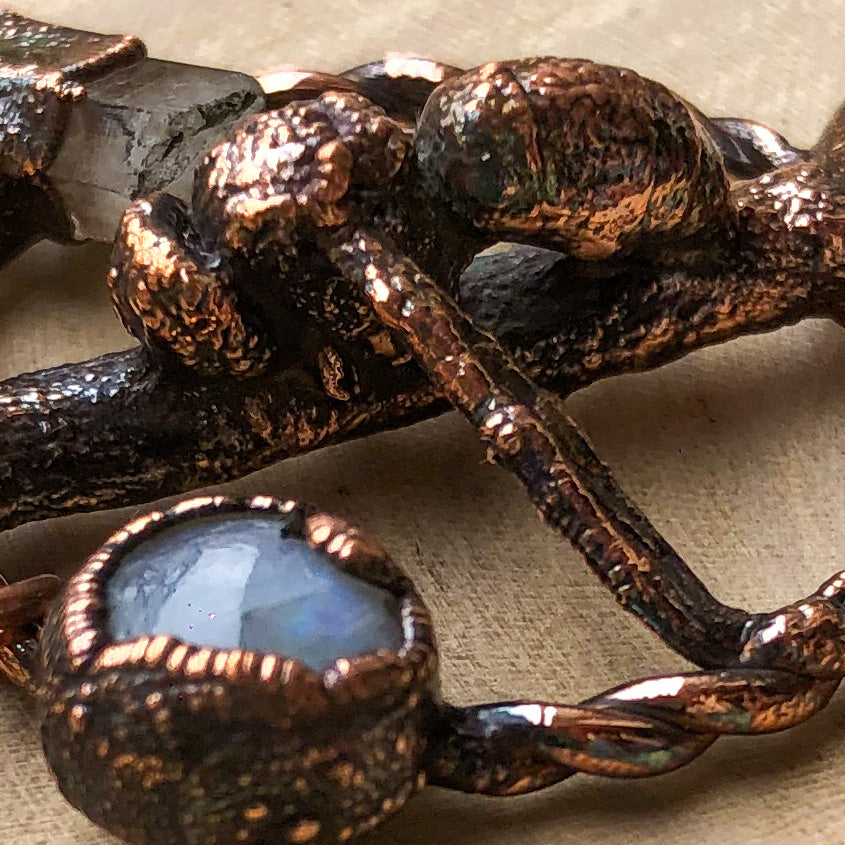 REAL BEE ON NATURAL TWIG WITH LABRADORITE, MOONSTONE & LEMURIAN QUARTZ