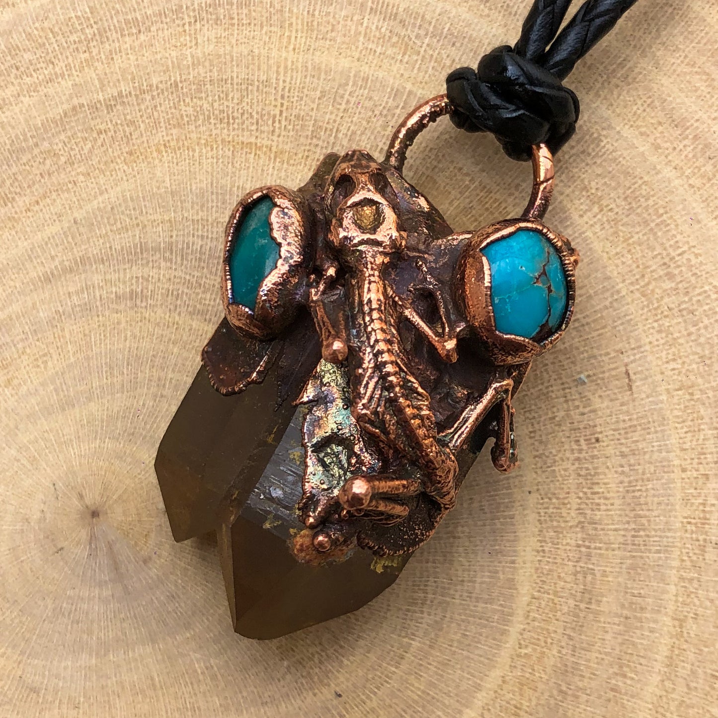REAL GECKO, DOUBLE POINT ST. CATHERINE’S SMOKY QUARTZ & EGYPTIAN TURQUOISE