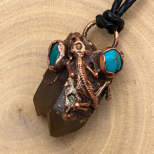 REAL GECKO, DOUBLE POINT ST. CATHERINE’S SMOKY QUARTZ & EGYPTIAN TURQUOISE