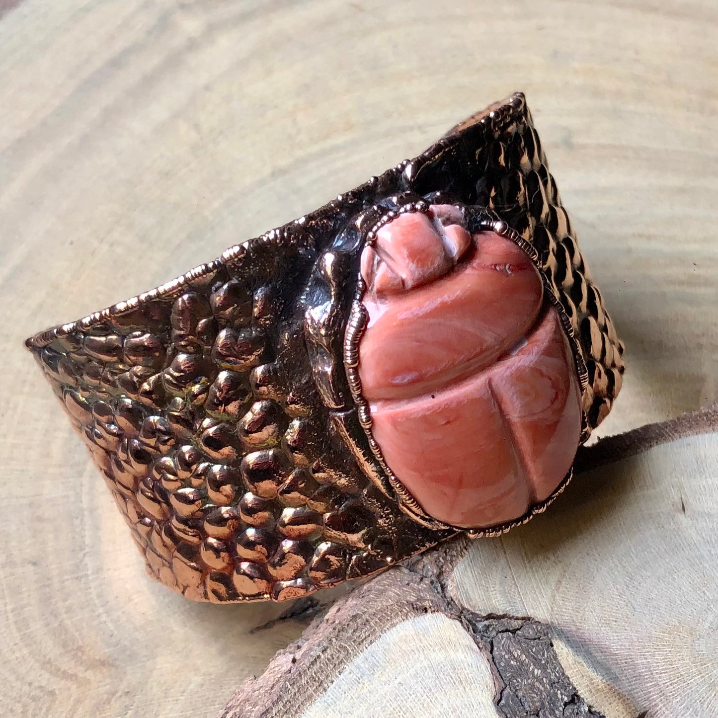 HANDCARVED SCARAB ON SEE SHELL COPPER CUFF