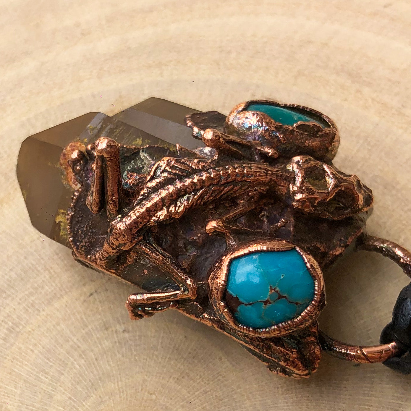 REAL GECKO, DOUBLE POINT ST. CATHERINE’S SMOKY QUARTZ & EGYPTIAN TURQUOISE