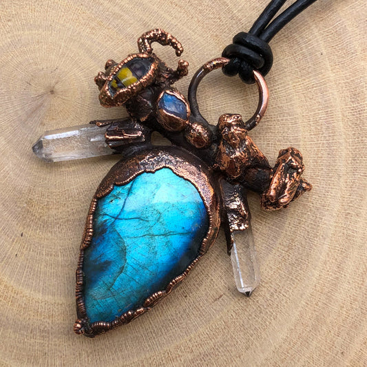 LABRADORITE, LEMURIAN QUARTZ, MOONSTONE, REAL BEES & A TREE TWIG