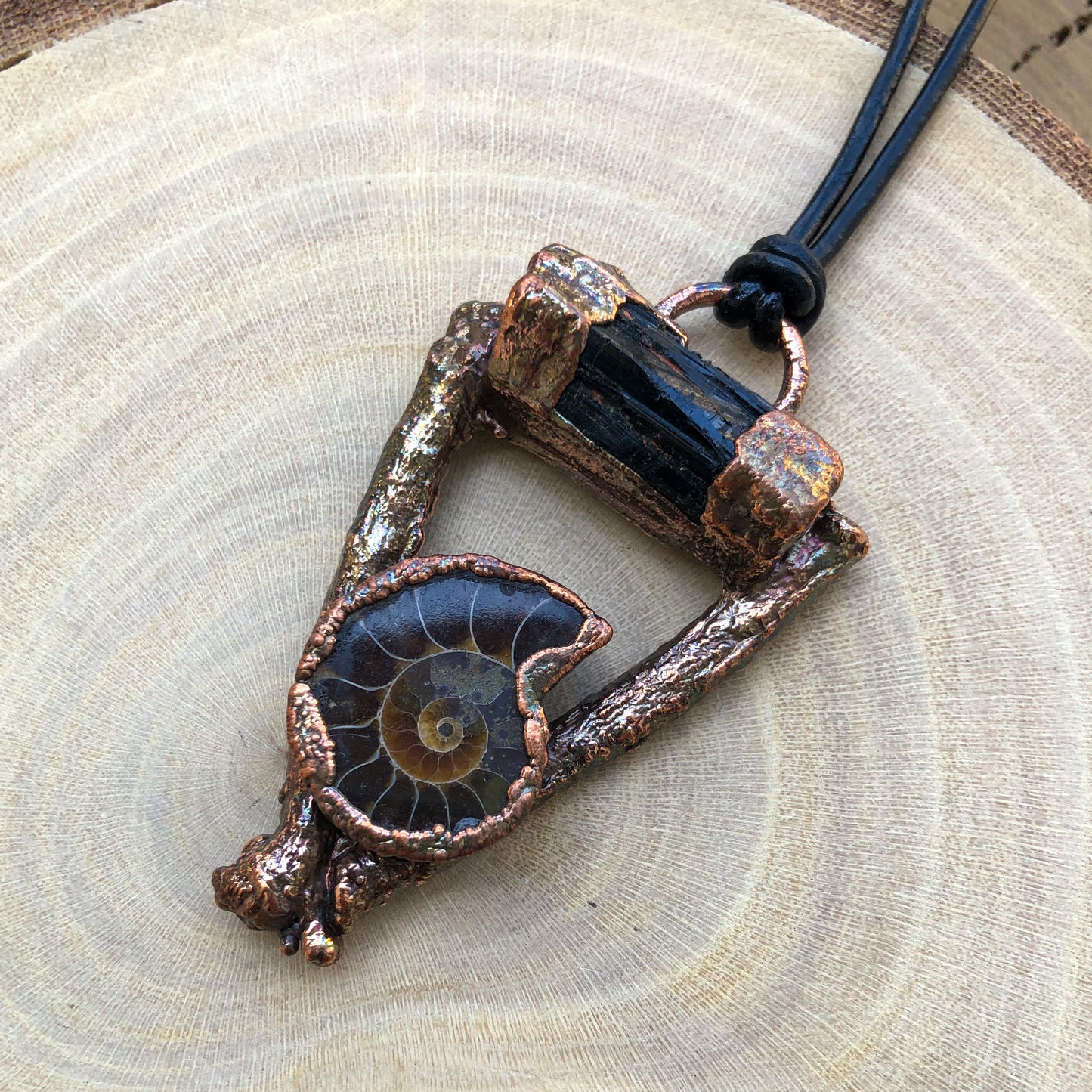 BLACK TOURMALINE & AMMONITE ON NATURAL TWIGS