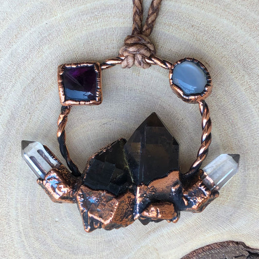 ST. CATHERINE’S SMOKY QUARTZ, CLEAR QUARTZ, MOONSTONE & AMETHYST