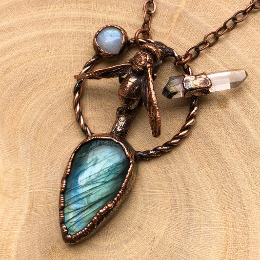 REAL BEE ON NATURAL TWIG WITH LABRADORITE, MOONSTONE & LEMURIAN QUARTZ