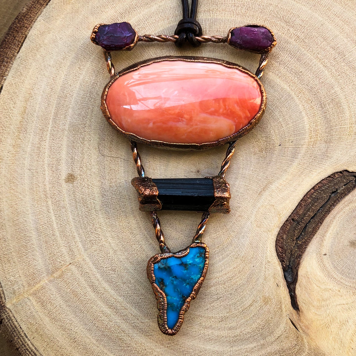 POLISHED SEA SHELL , RUBY, BLACK TOURMALINE & EGYPTIAN TURQUOISE