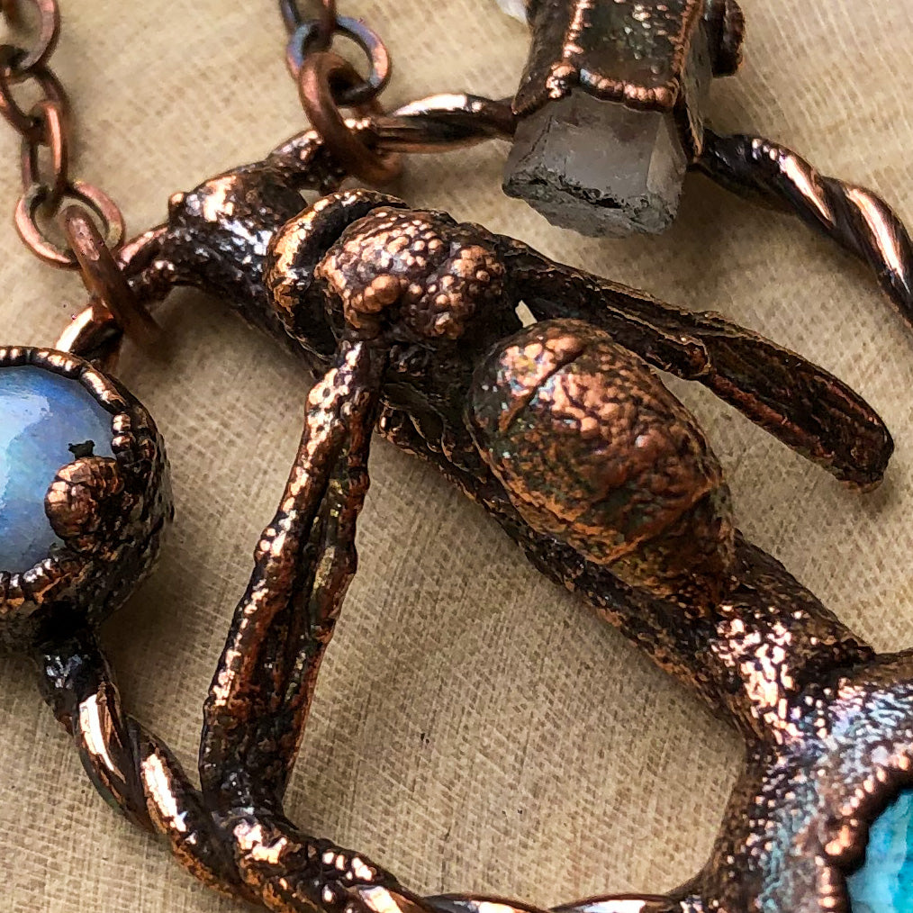 REAL BEE ON NATURAL TWIG WITH LABRADORITE, MOONSTONE & LEMURIAN QUARTZ