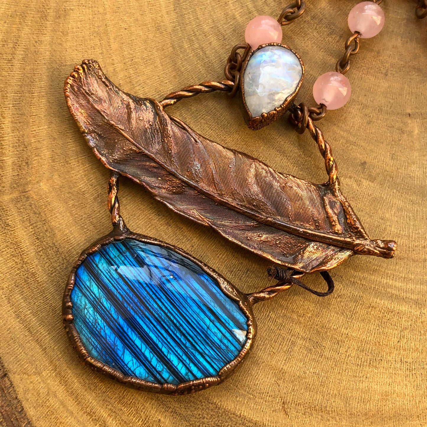 PIGEON FEATHER, LABRADORITE, MOONSTONE & ROSE QUARTZ