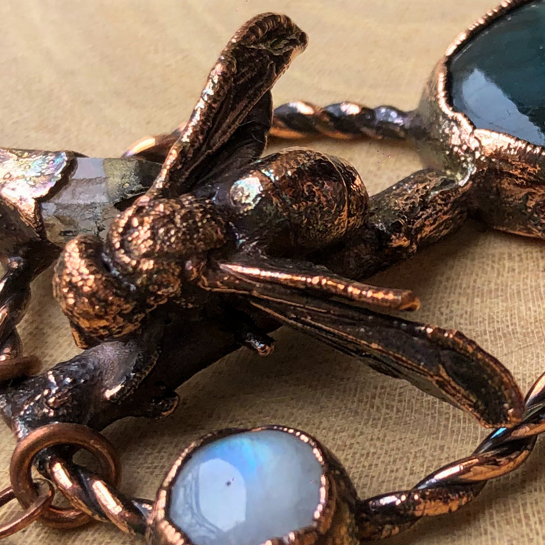 REAL BEE ON NATURAL TWIG WITH LABRADORITE, MOONSTONE & LEMURIAN QUARTZ