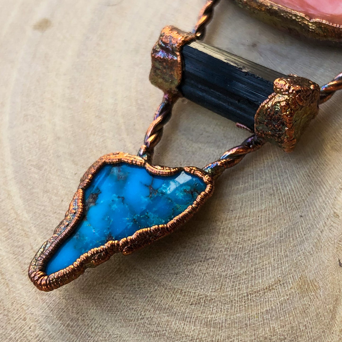 POLISHED SEA SHELL , RUBY, BLACK TOURMALINE & EGYPTIAN TURQUOISE