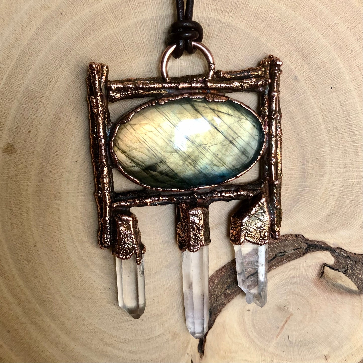 LABRADORITE & QUARTZ ON NATURAL TWIGS