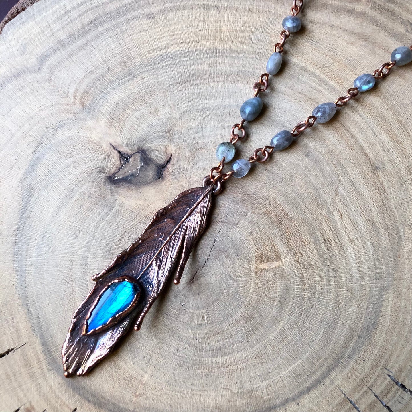 LABRADORITE ON PIGEON FEATHER