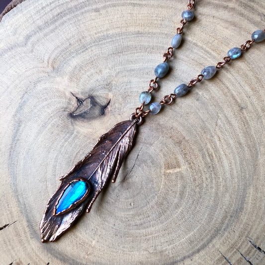 LABRADORITE ON PIGEON FEATHER