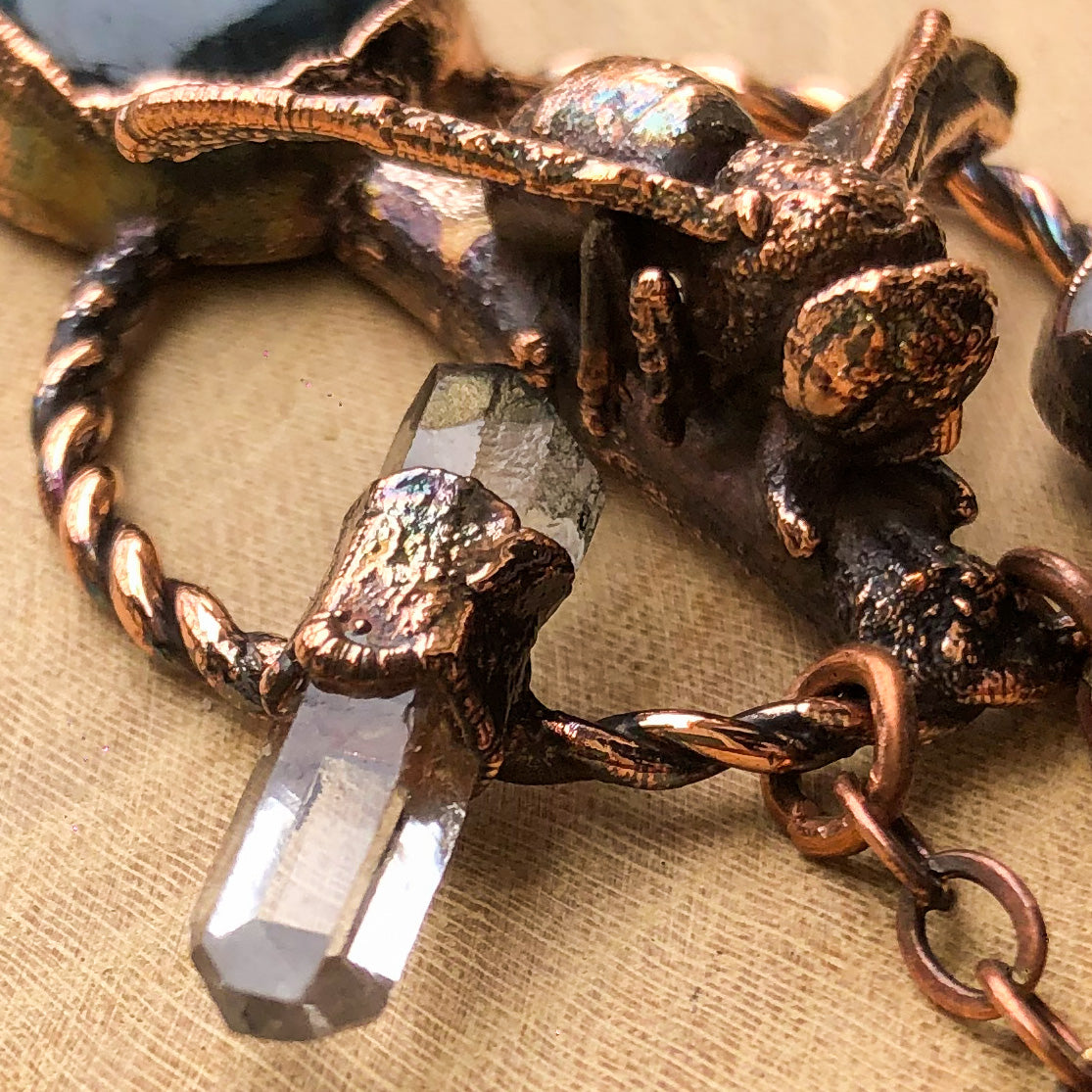 REAL BEE ON NATURAL TWIG WITH LABRADORITE, MOONSTONE & LEMURIAN QUARTZ