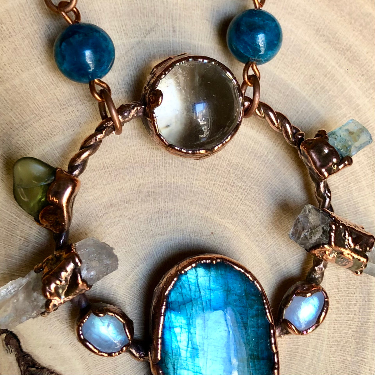 LABRADORITE, MOONSTONE, QUARTZ, PERIDOT, AQUAMARINE, APATITE