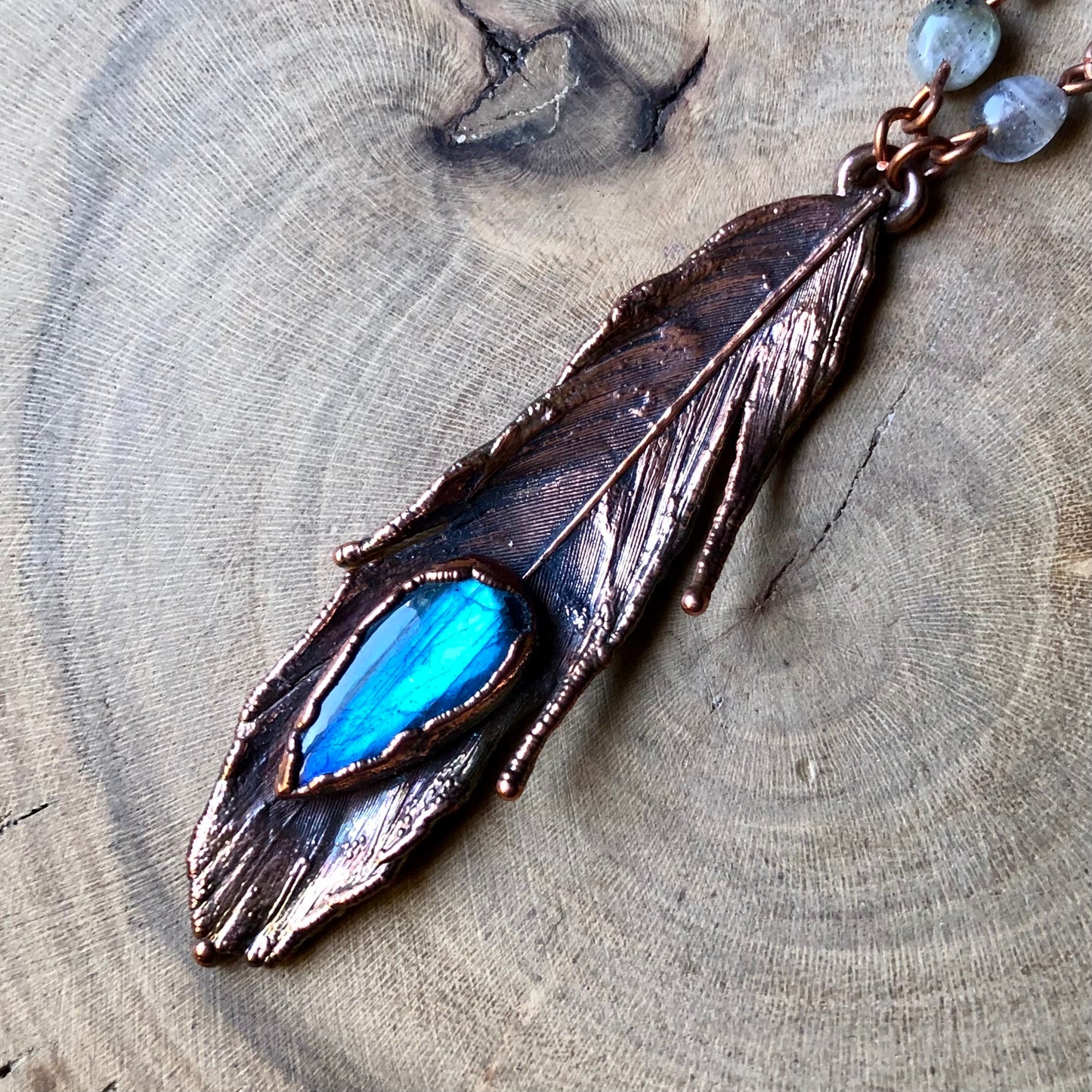LABRADORITE ON PIGEON FEATHER