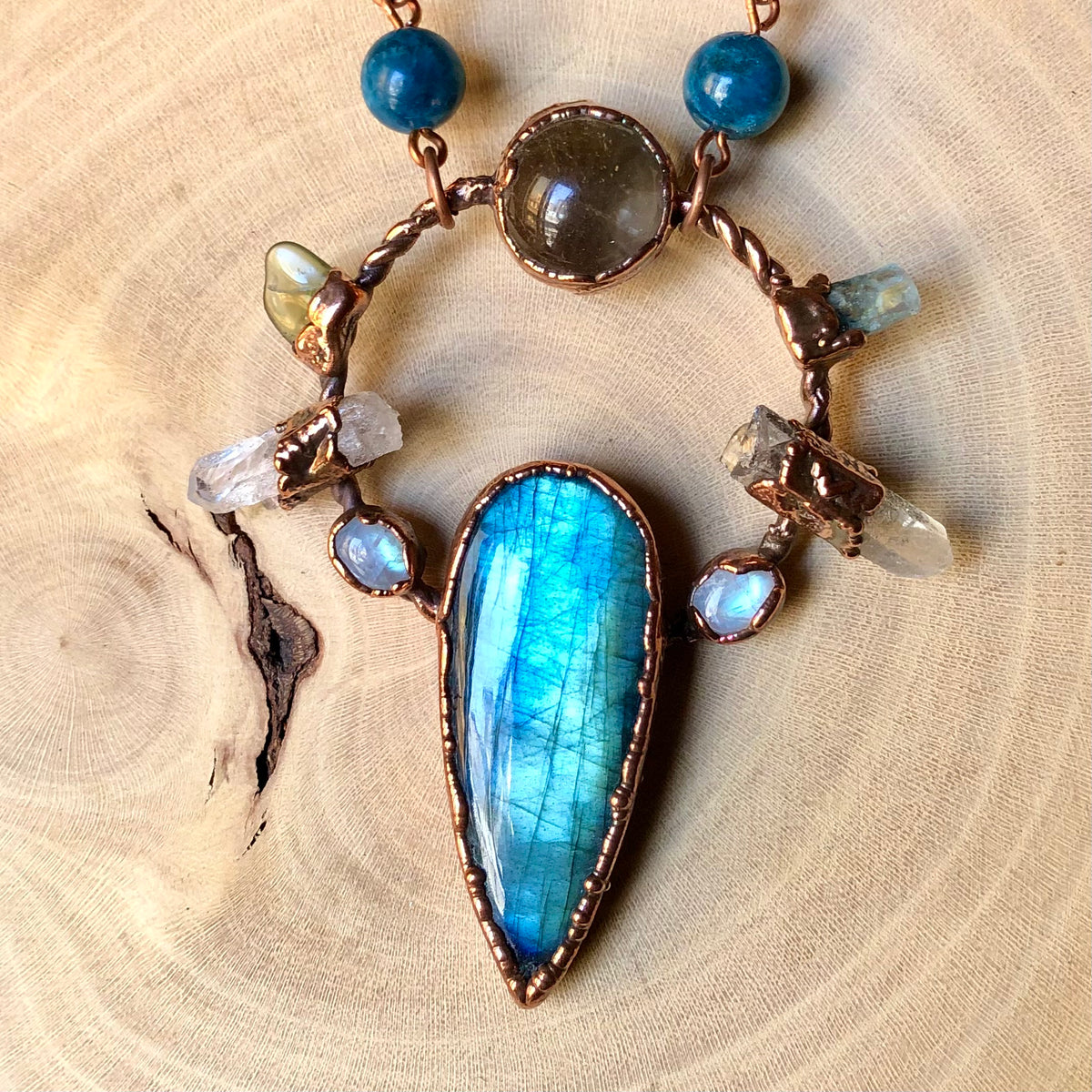 LABRADORITE, MOONSTONE, QUARTZ, PERIDOT, AQUAMARINE, APATITE