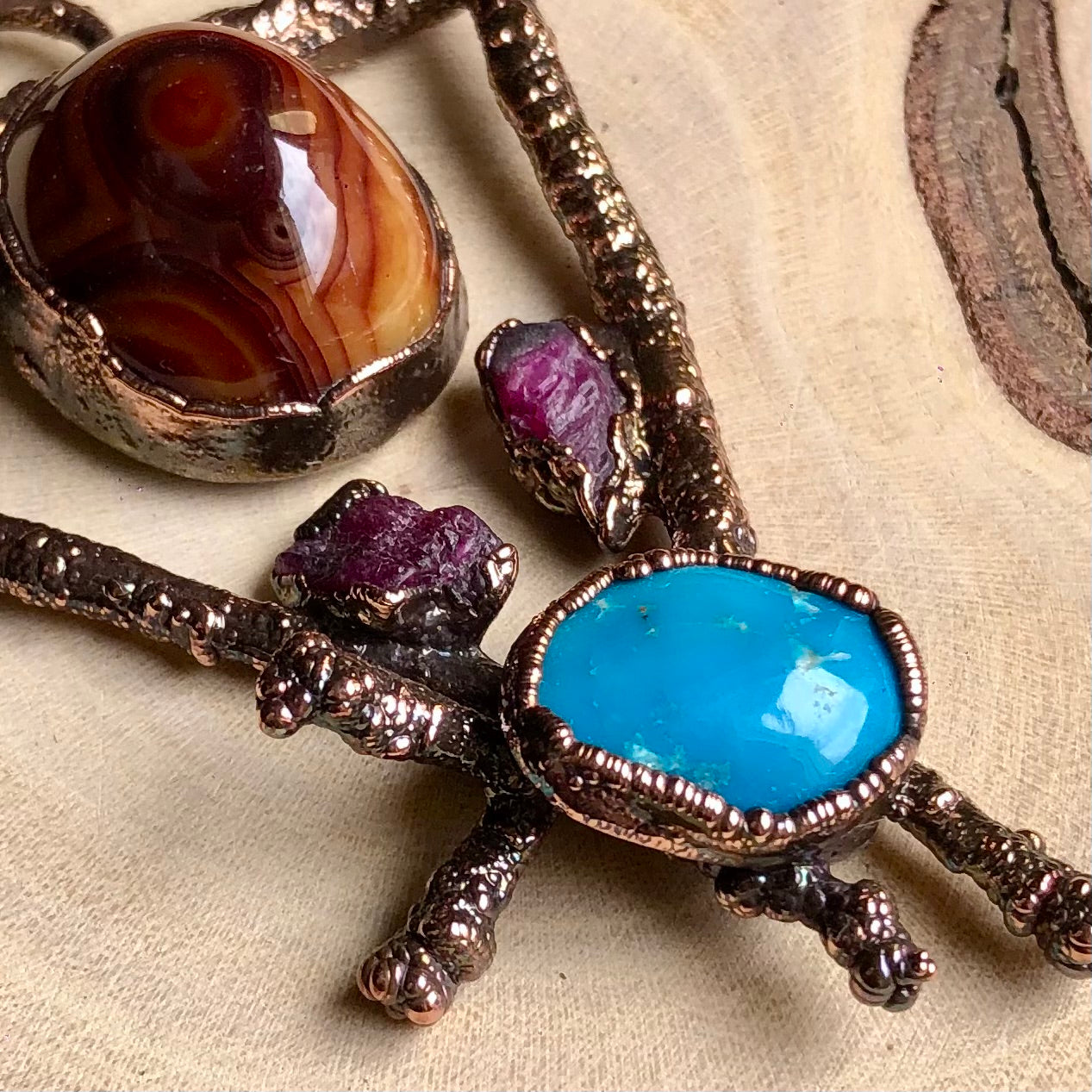 AGATE, RUBY & AMERICAN TURQUOISE ON TREE TWIGS
