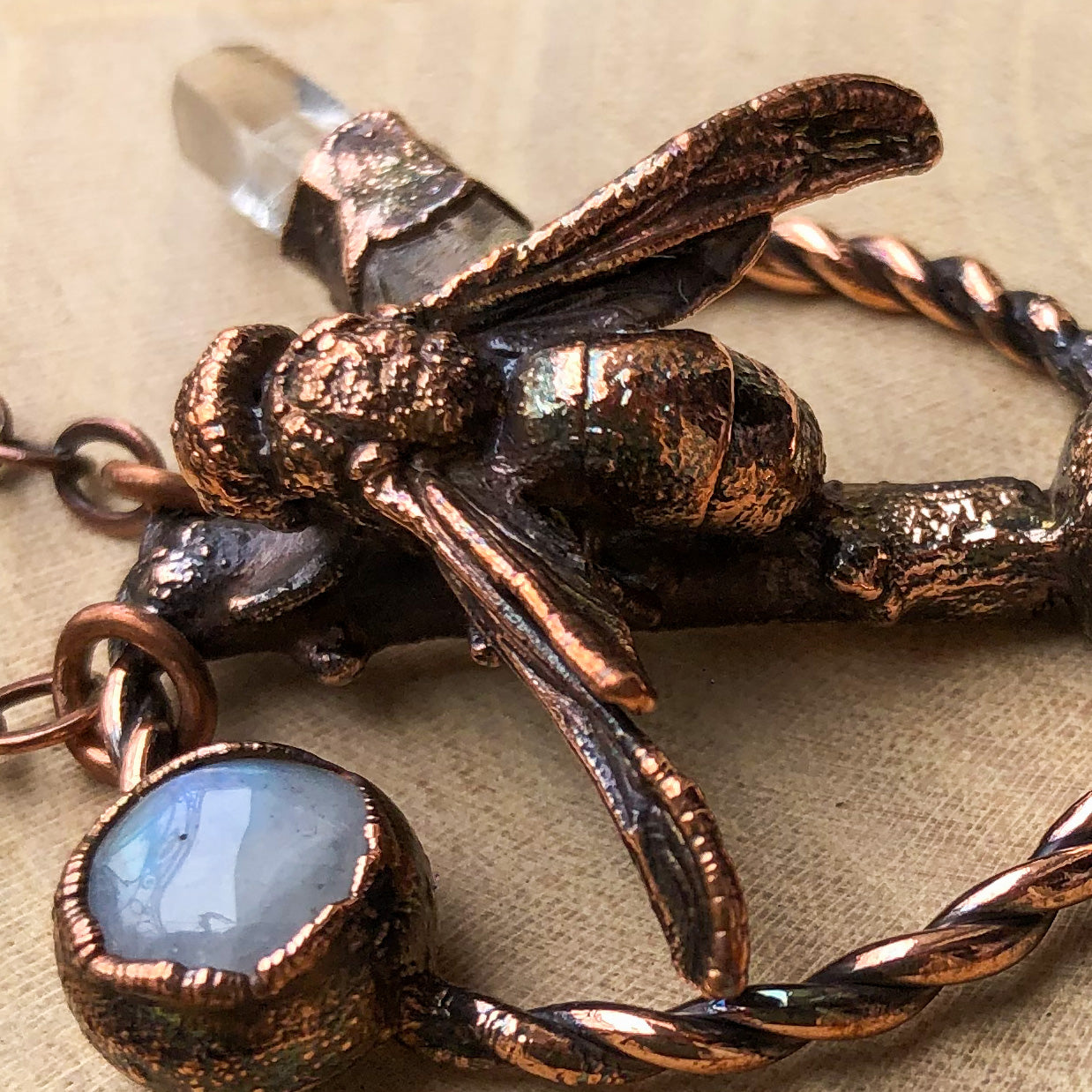 REAL BEE ON NATURAL TWIG WITH LABRADORITE, MOONSTONE & LEMURIAN QUARTZ