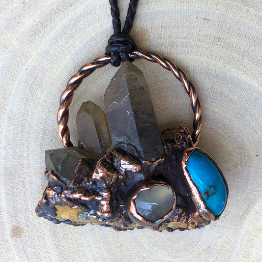ST. CATHERINE’S SMOKY QUARTZ, MOONSTONE & EGYPTIAN TURQUOISE