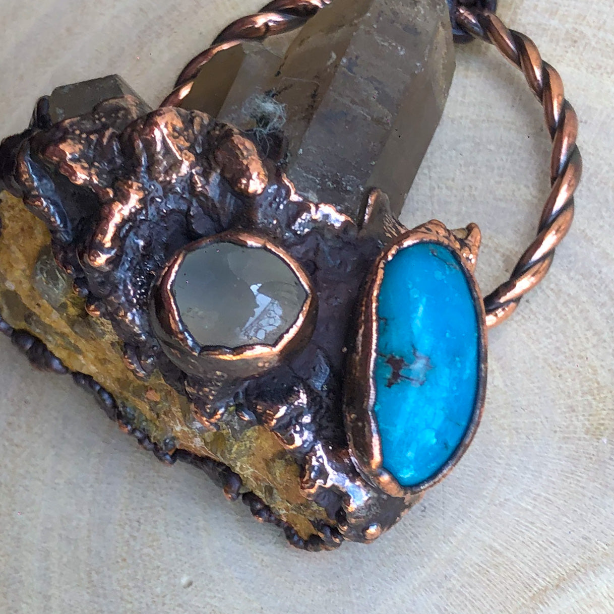 ST. CATHERINE’S SMOKY QUARTZ, MOONSTONE & EGYPTIAN TURQUOISE