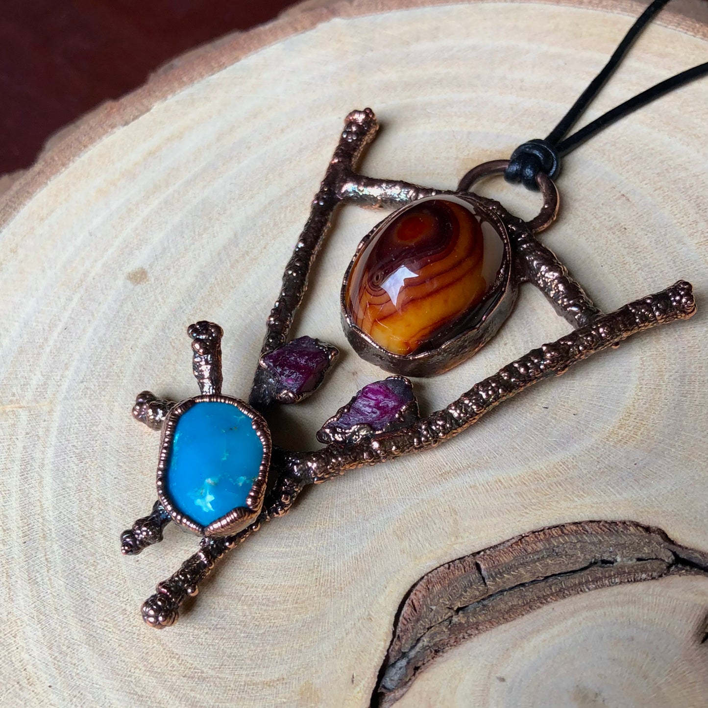 AGATE, RUBY & AMERICAN TURQUOISE ON TREE TWIGS