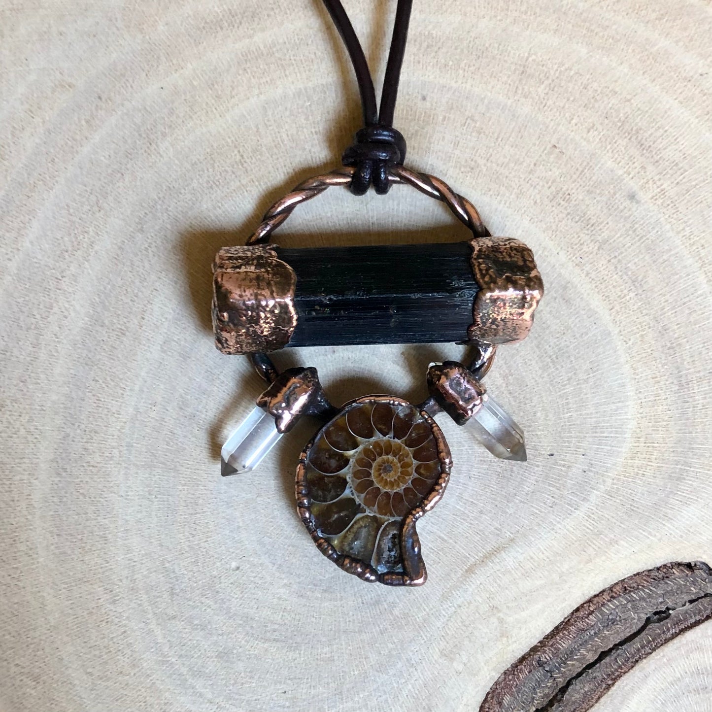BLACK TOURMALINE, AMMONITE & CLEAR QUARTZ