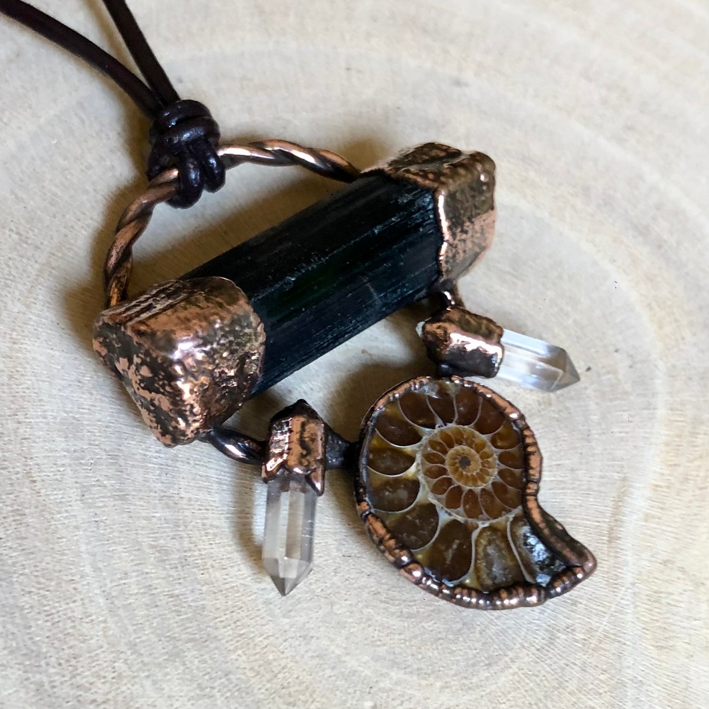 BLACK TOURMALINE, AMMONITE & CLEAR QUARTZ