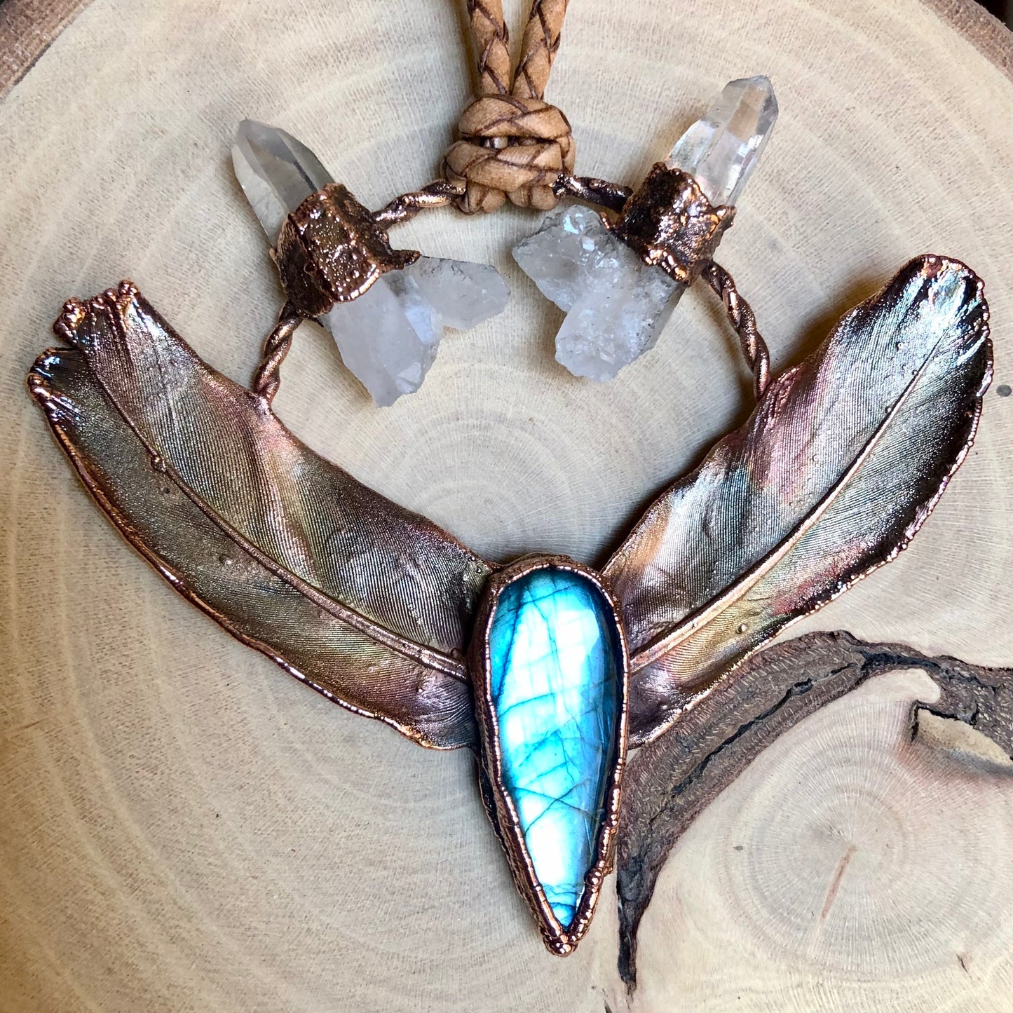 PIGEON FEATHERS, LABRADORITE & LEMURIAN QUARTZ