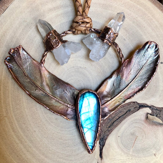 PIGEON FEATHERS, LABRADORITE & LEMURIAN QUARTZ