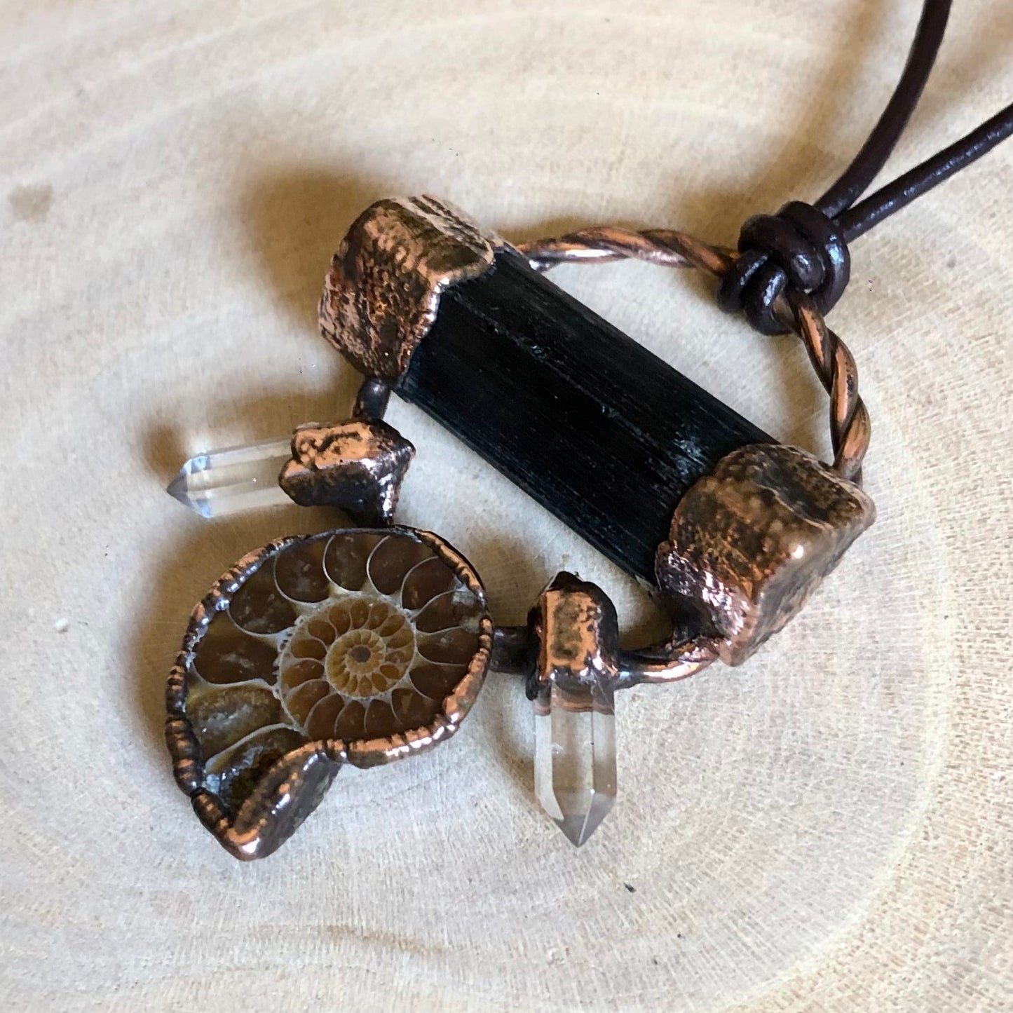 BLACK TOURMALINE, AMMONITE & CLEAR QUARTZ