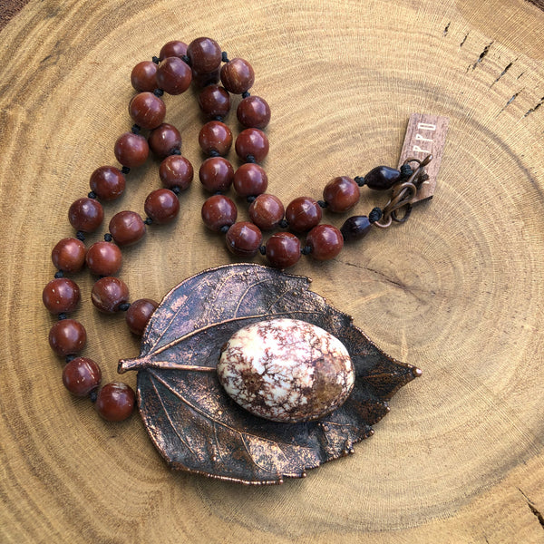 NATURAL LEAF, COPPER STONE & WOOD BEADS