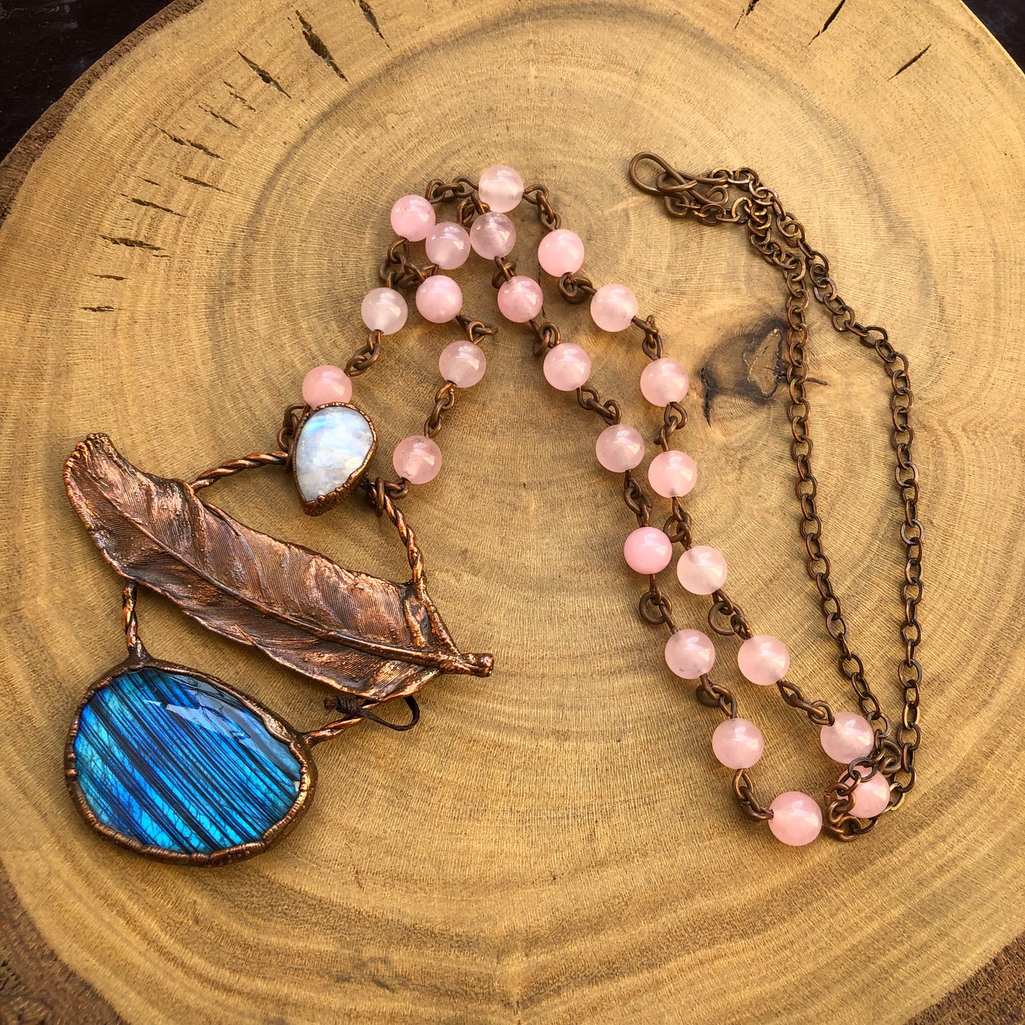 PIGEON FEATHER, LABRADORITE, MOONSTONE & ROSE QUARTZ